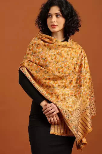 Women ethnic kashmiri kani design shawl with fringed border