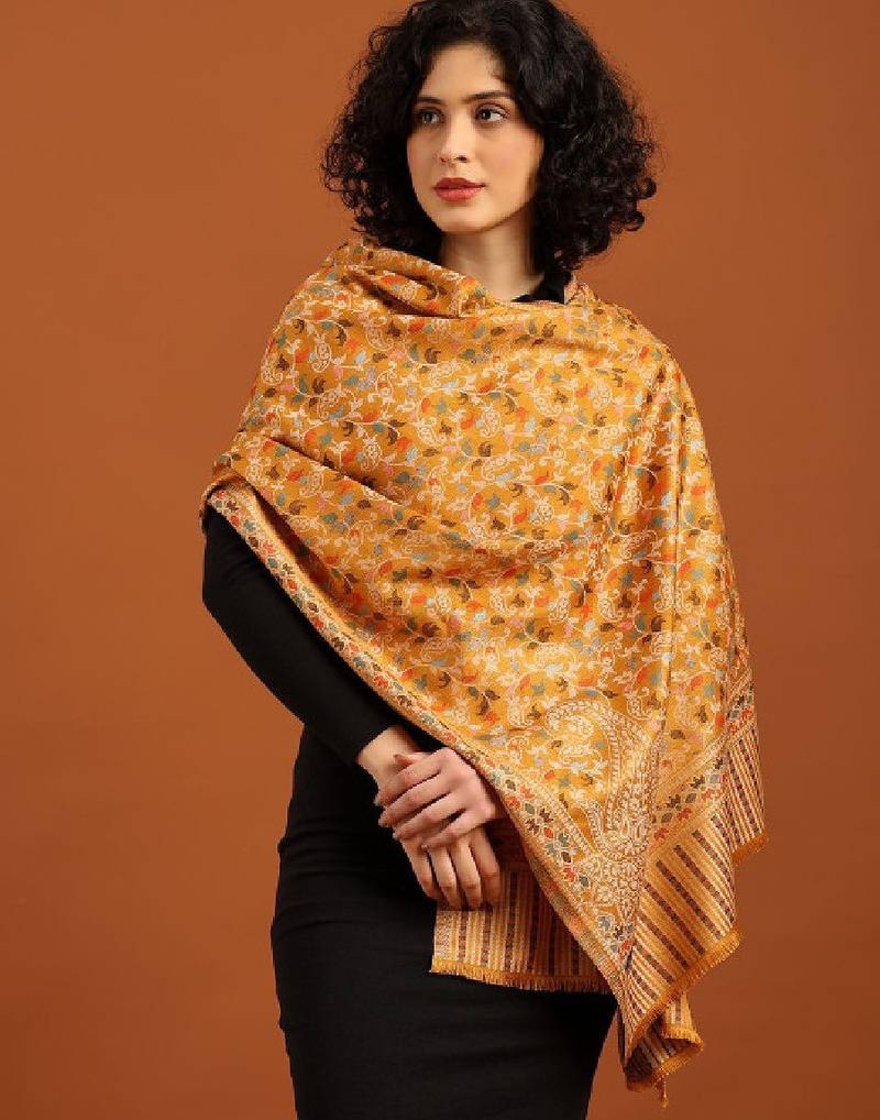 Women ethnic kashmiri kani design shawl with fringed border