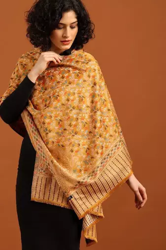 Women ethnic kashmiri kani design shawl with fringed border