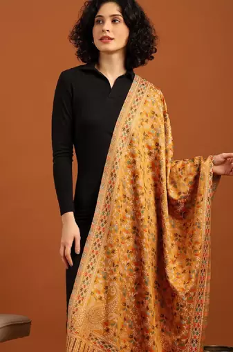 Women ethnic kashmiri kani design shawl with fringed border