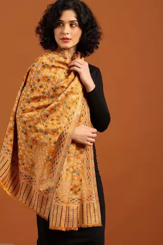 Women ethnic kashmiri kani design shawl with fringed border