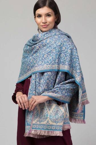 Ethnic motifs woven-design jamawar weave fringed woollen shawl