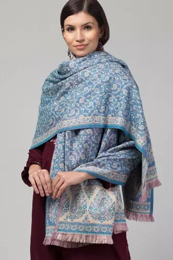Ethnic motifs woven-design jamawar weave fringed woollen shawl