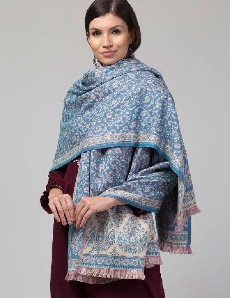 Ethnic motifs woven-design jamawar weave fringed woollen shawl