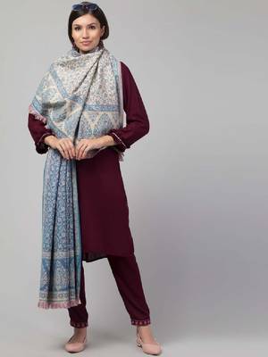 Ethnic motifs woven-design jamawar weave fringed woollen shawl 3