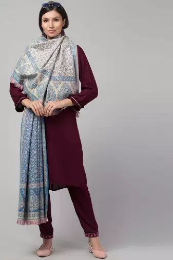 Ethnic motifs woven-design jamawar weave fringed woollen shawl