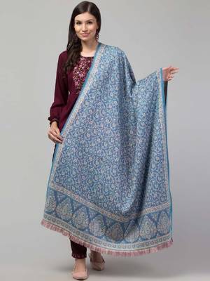 Ethnic motifs woven-design jamawar weave fringed woollen shawl 4