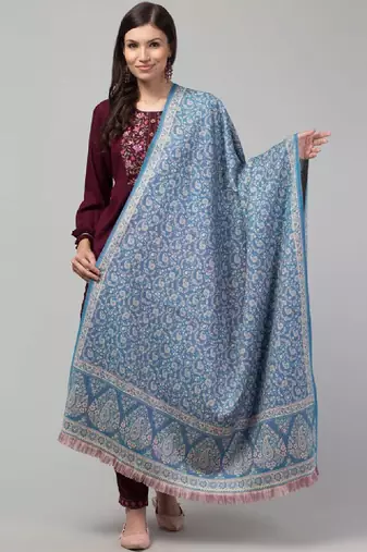 Ethnic motifs woven-design jamawar weave fringed woollen shawl