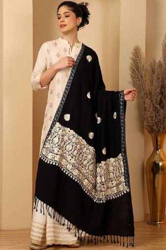 Floral embroidered woolen shawl