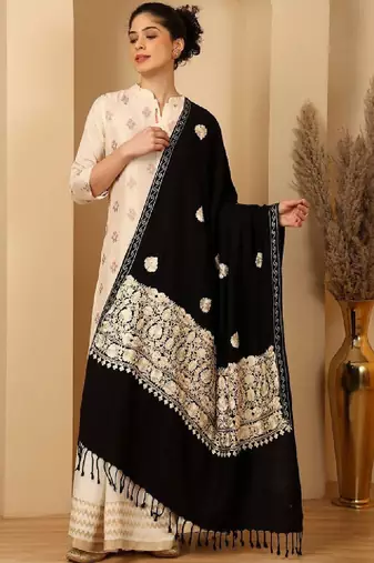 Floral embroidered woolen shawl