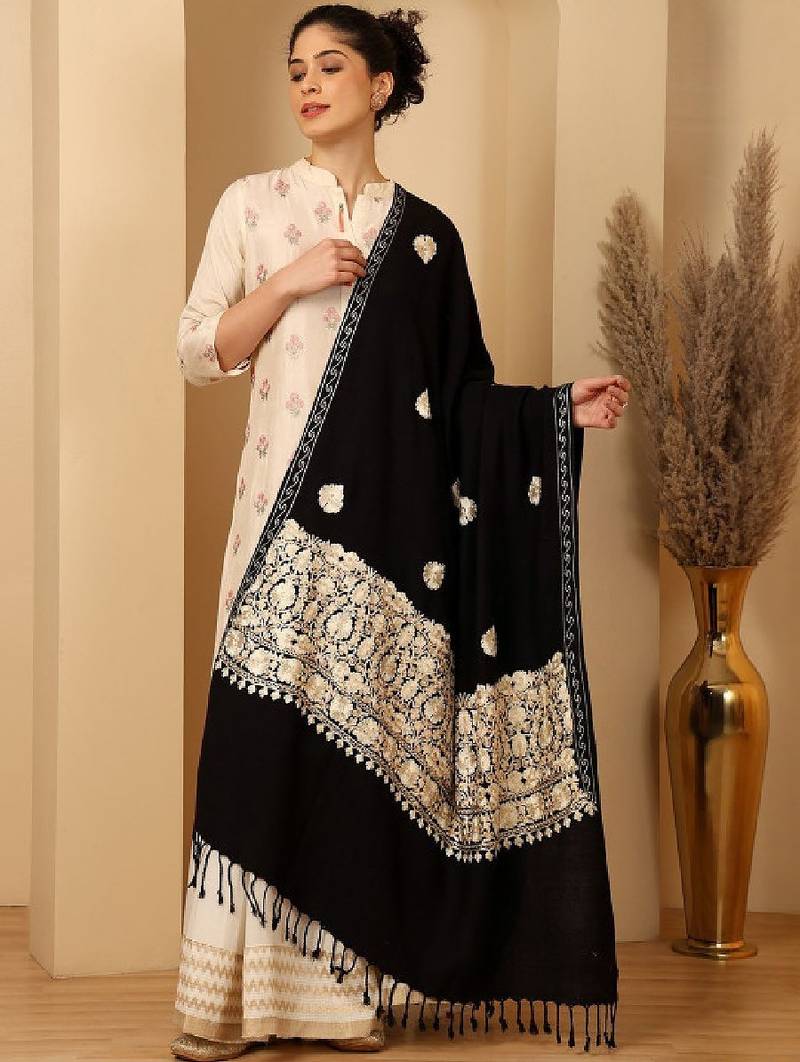 Floral embroidered woolen shawl