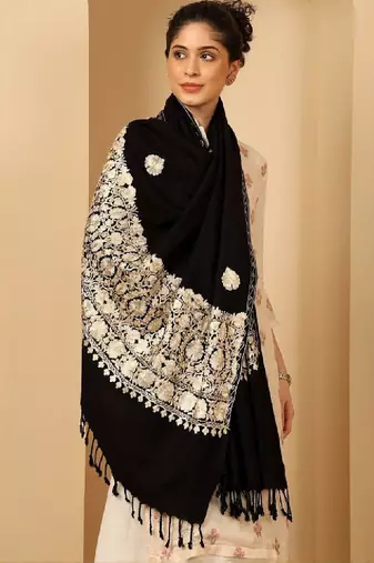 Floral embroidered woolen shawl