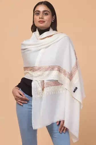 Embroidered woolen stole with fringes