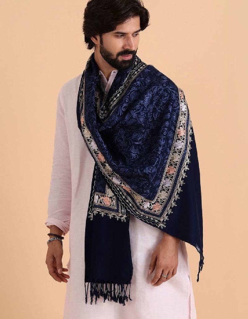 Floral embroidered woolen shawl