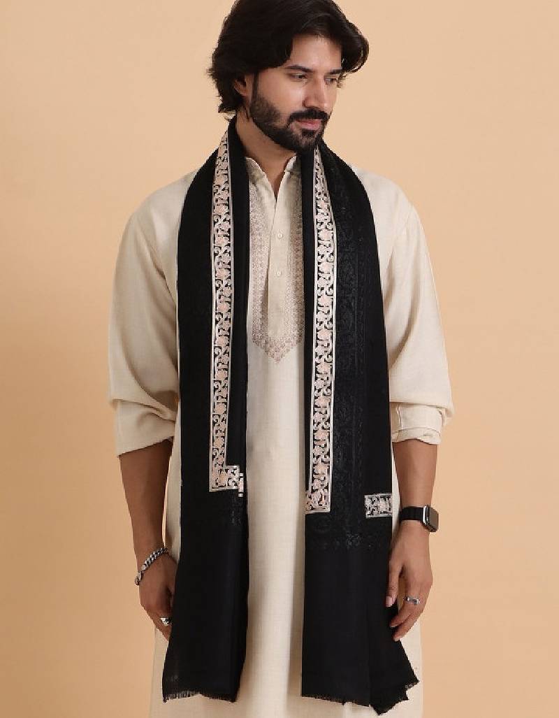 Floral embroidered woollen shawl