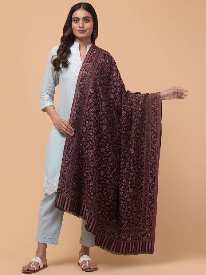 Kashmiri floral woven design woollen kani shawl
