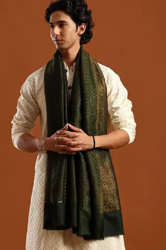 Men woven design cashmere wool stole with fringed border shawl