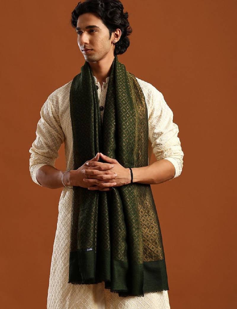Men woven design cashmere wool stole with fringed border shawl
