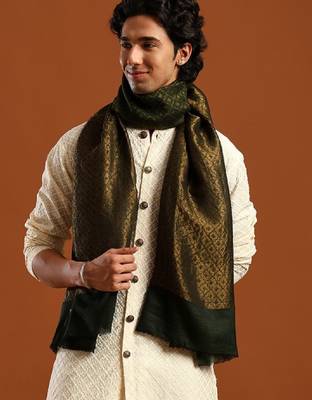 Men woven design cashmere wool stole with fringed border shawl 2