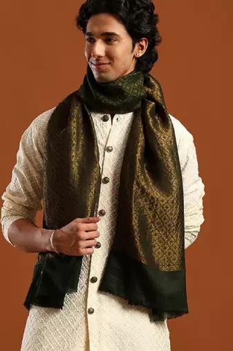 Men woven design cashmere wool stole with fringed border shawl