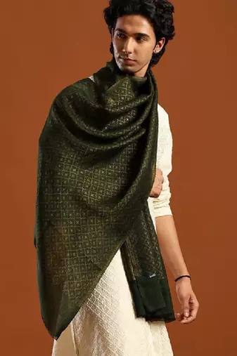 Men woven design cashmere wool stole with fringed border shawl
