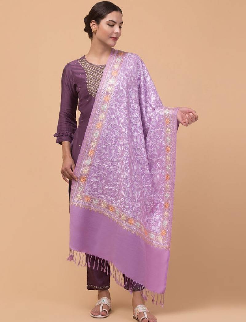 Floral aari embroidered acrylic woollen shawl