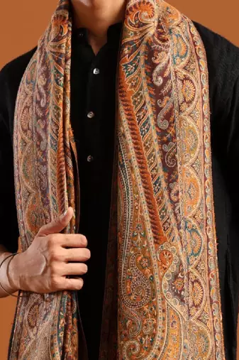 Paisley woven design fringed border detail kani shawl