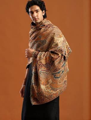 Paisley woven design fringed border detail kani shawl 3