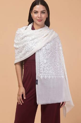 Floral embroidered aari work woollen stole