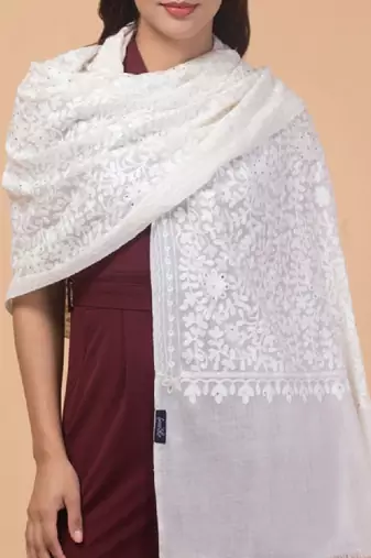 Floral embroidered aari work woollen stole