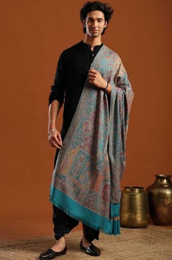 Ethnic motifs woven design fringed border detail jamawar shawl