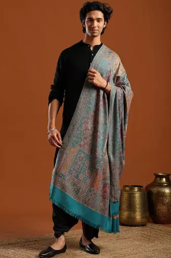 Ethnic motifs woven design fringed border detail jamawar shawl