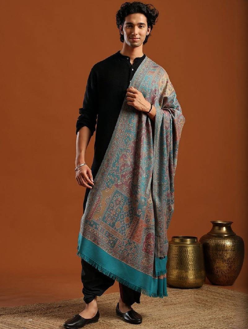 Ethnic motifs woven design fringed border detail jamawar shawl
