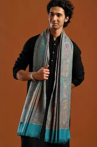Ethnic motifs woven design fringed border detail jamawar shawl