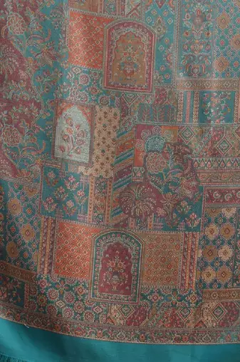Ethnic motifs woven design fringed border detail jamawar shawl