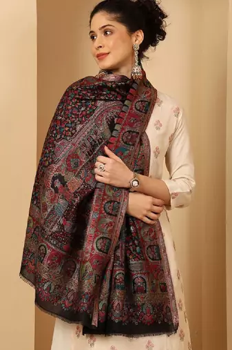 Women woven darbar design fringed stole