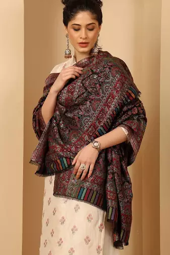 Floral woven design zari fringed shawl