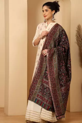 Floral woven design zari fringed shawl