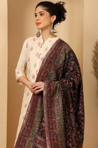 Floral woven design zari fringed shawl