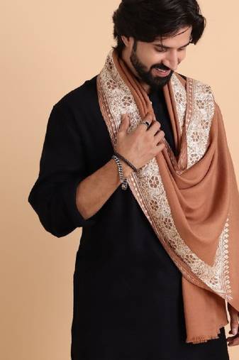 Men pure wool embroidered stole with fringes