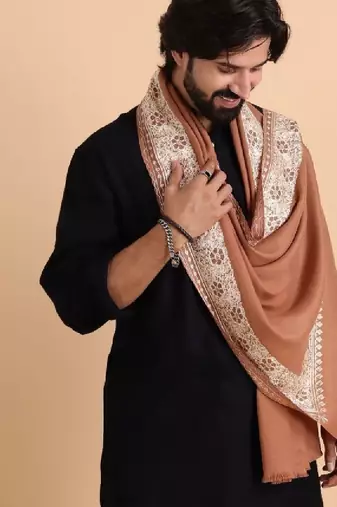 Men pure wool embroidered stole with fringes