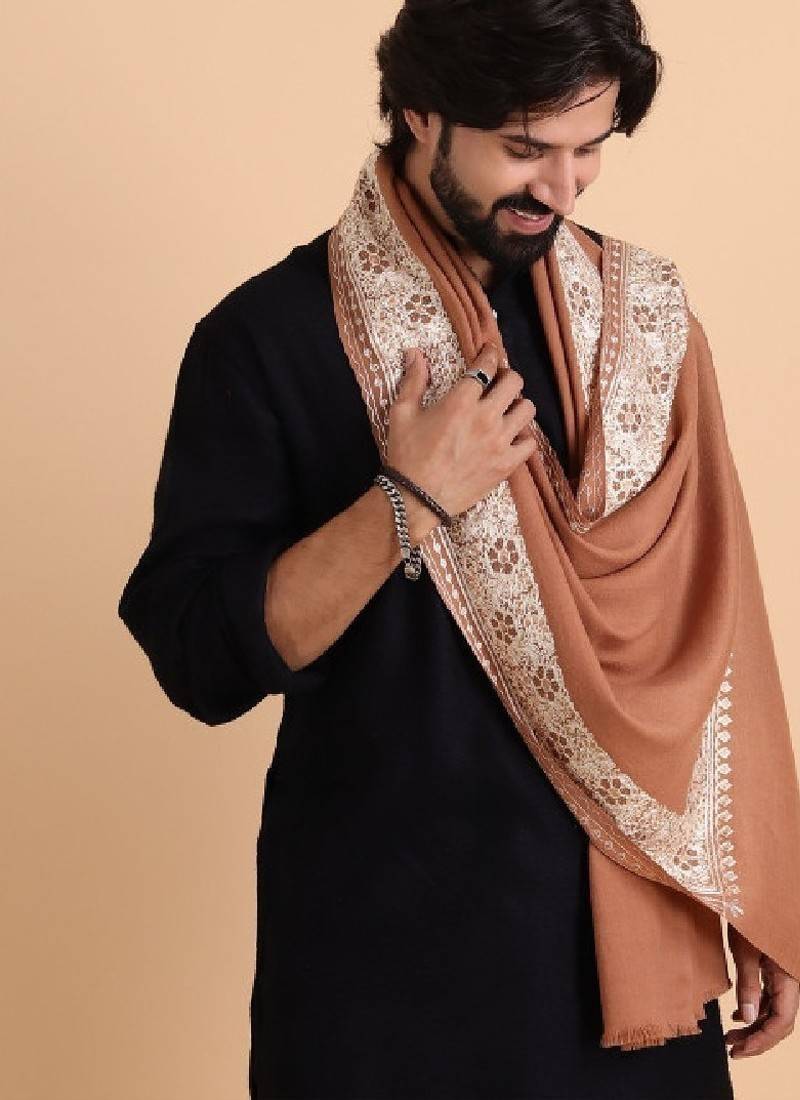 Men pure wool embroidered stole with fringes