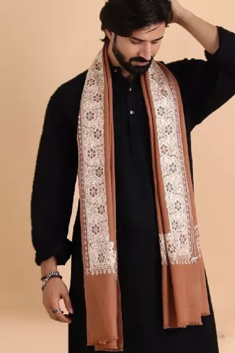 Men pure wool embroidered stole with fringes