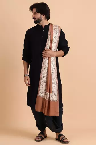 Men pure wool embroidered stole with fringes