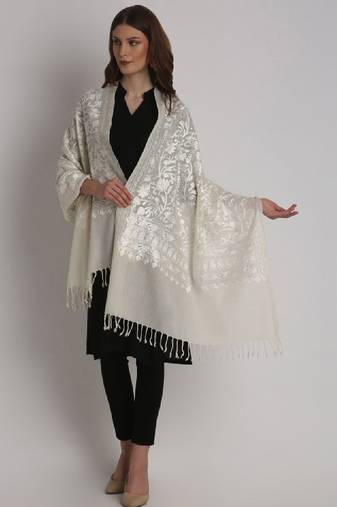 Floral embroidered thread work woollen stole