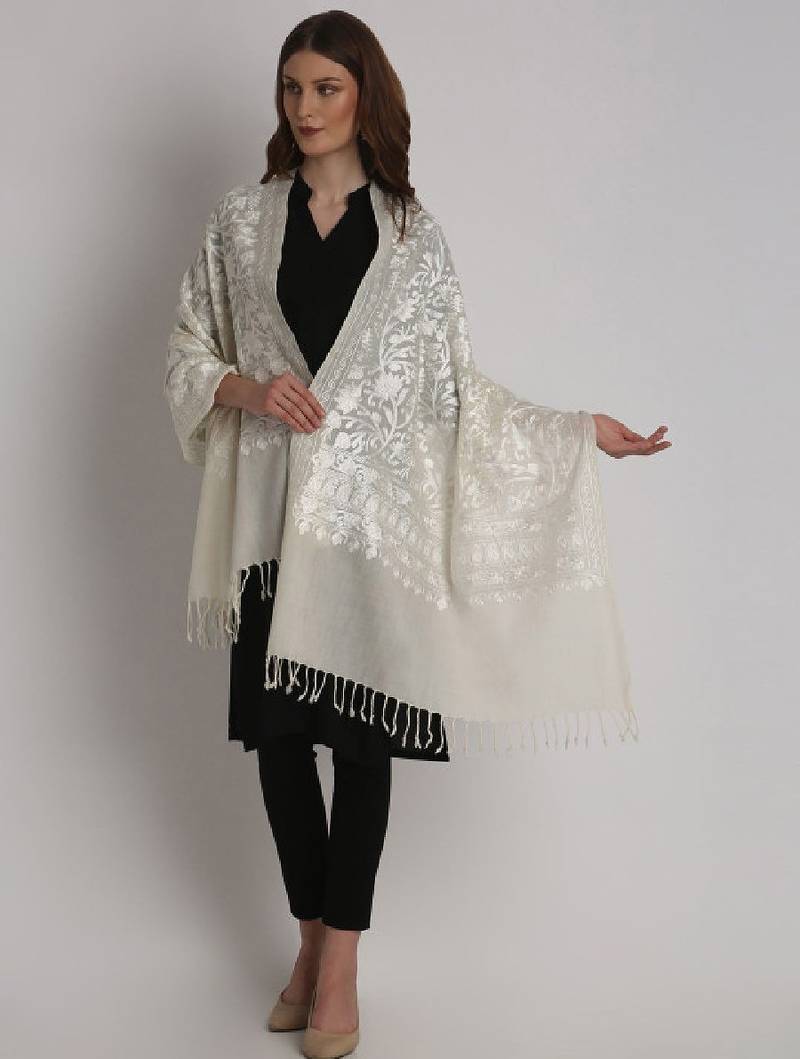 Floral embroidered thread work woollen stole
