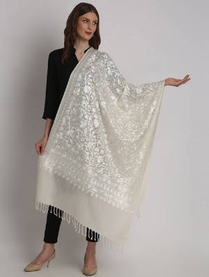 Floral embroidered thread work woollen stole 3