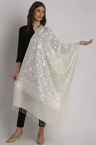 Floral embroidered thread work woollen stole