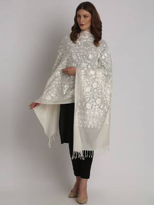 Floral embroidered thread work woollen stole 4