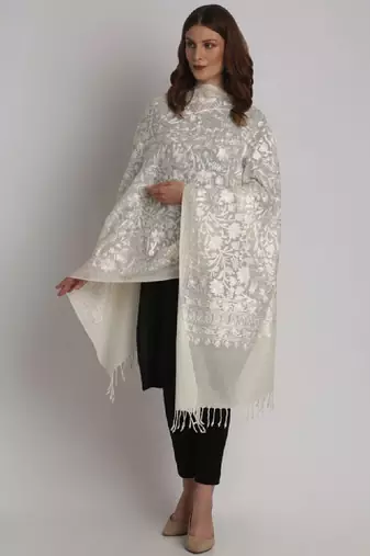 Floral embroidered thread work woollen stole
